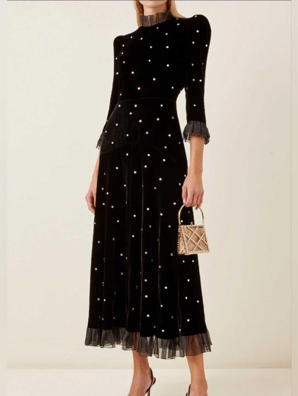 Sunfere Black Velvet And Crystal Victorian Style Ruffle Maxi Dress Sz L